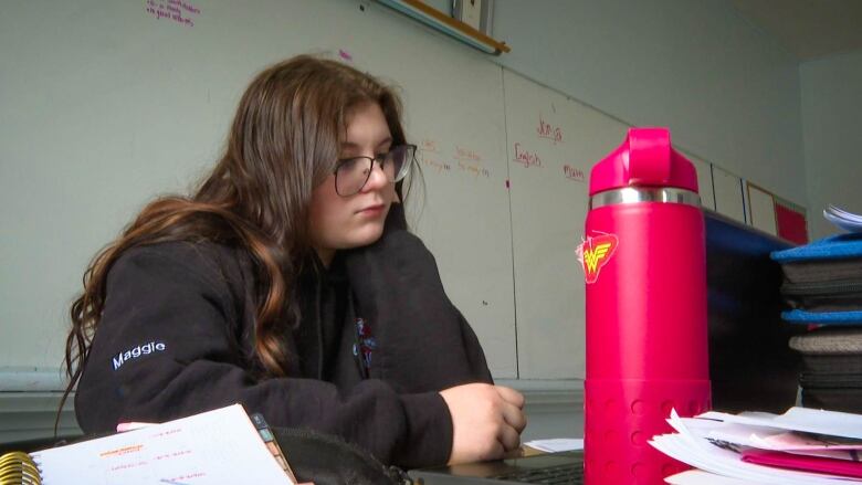 A teenage girl with long brown hair wearing a black hoodie looks at a laptop computer to the right of the screen.