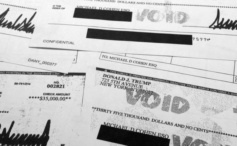 Several cheques, segments of which are blacked out, bearing the names 'Michael D. Cohen' and 'Donald J. Trump.'