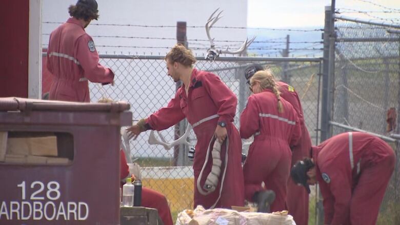 A group of wildfire fighters outside holding equipment