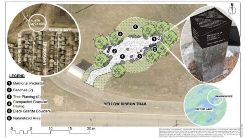 Diagram shows a granite memorial and a map of a site along a bike trail. 