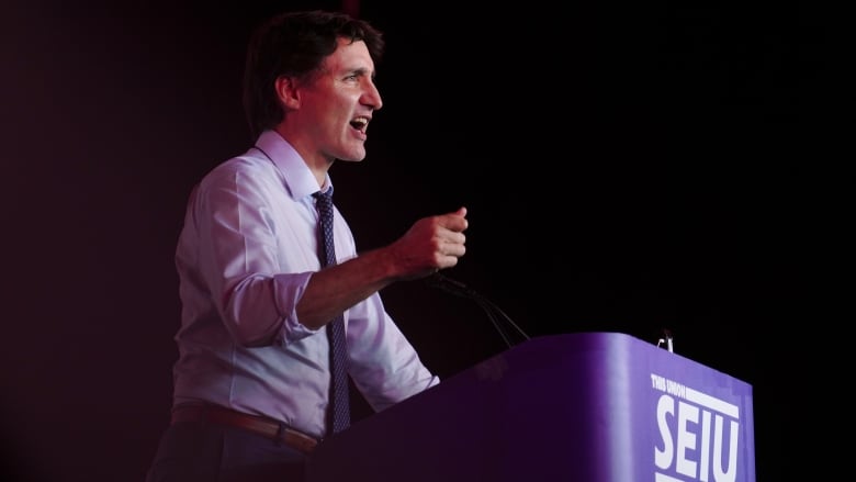 Prime Minister Justin Trudeau delivers a speech at the Service Employees International Union's (SEIU) Quadrennial North American Convention In Philadelphia on Tuesday, May 21, 2024. 