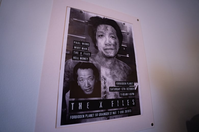 A picture of a man with makeup on to make him look like a dismembered person is part of a poster from the X Files.