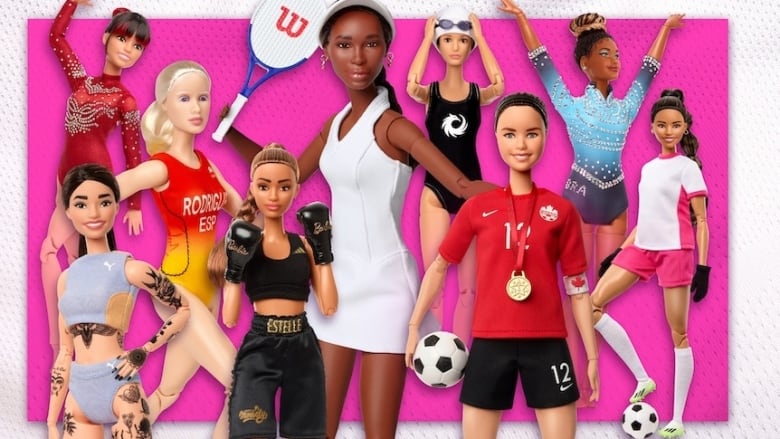 A series of dolls, appearing to show female athletes, is shown.