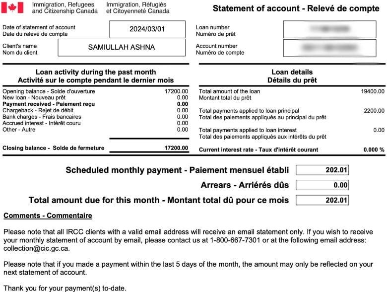 A copy of a statement of account for Samiullah Ashna's travel loan.