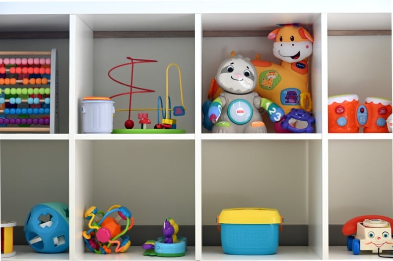 Stuffed animals and other toys on a shelf inside a daycare in Moncton, NB.