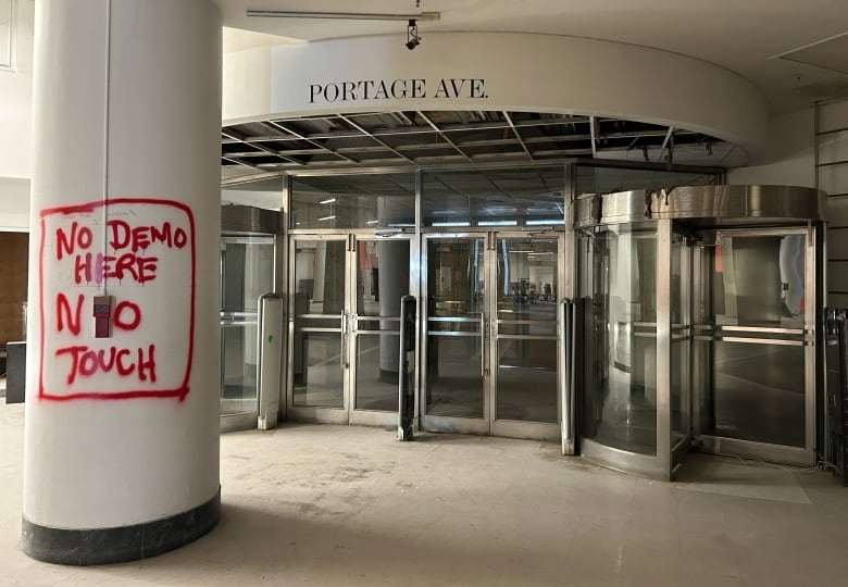 Exit doors from the inside of a shuttered department store.