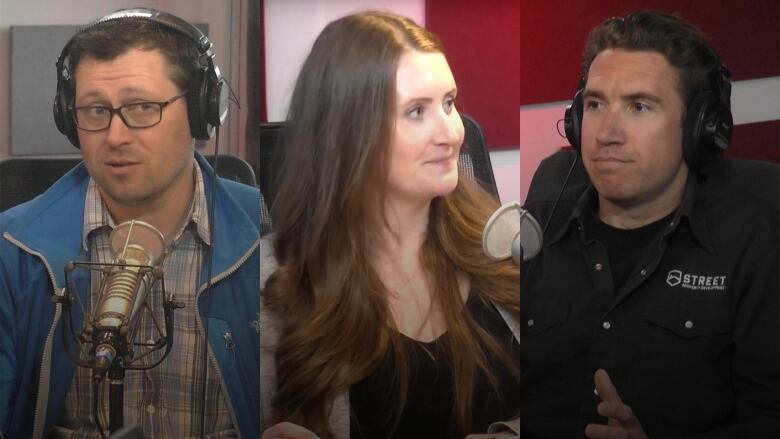 A woman with dark hair sits in the middle of 2 men with dark hair, wearing headphones.