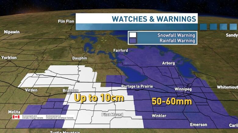 Map of southern Manitoba shows areas under snowfall and rain warnings.