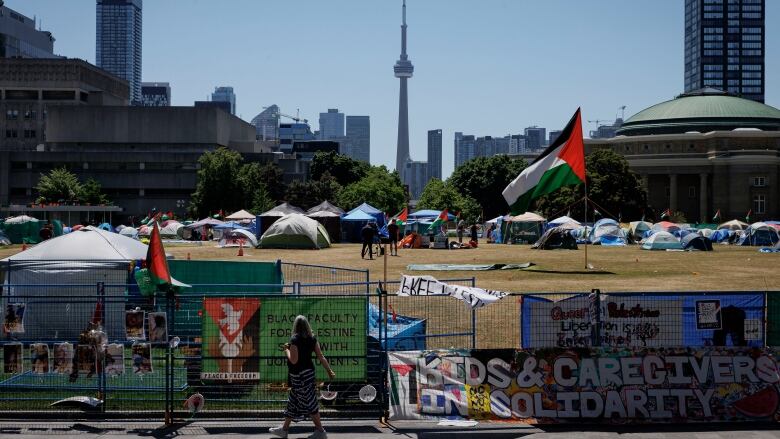 Occupants of a pro-Palestinian encampment on the main campus of the University of Toronto are pictured on May 24, 2024  the day a deadline to dismantle is set to expire.