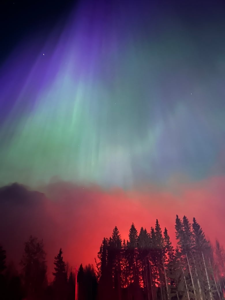 The northern lights shine in purple and green above red smoke from a wildfire, with a treeline visible.