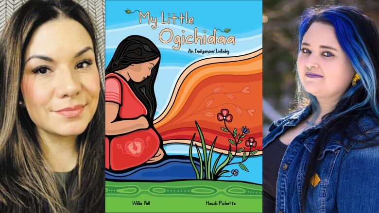 On the left a woman smiles at the camera. In the middle a book cover shows a pregnant woman sitting on the grass. On the right a woman with blue highlights in her hair smiles at the camera.