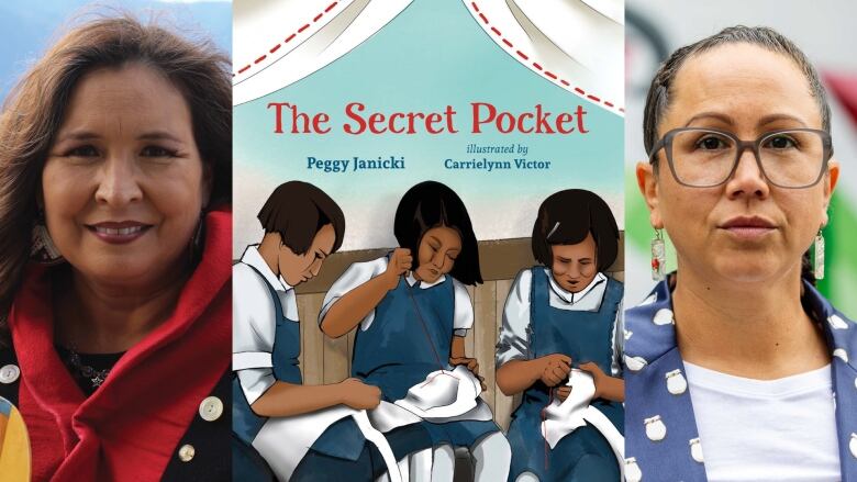 The Secret Pocket, a children's book by Peggy Janicki, illustrated by Carrielynn Victor. Illustrated book cover shows three young children wearing matching blue tunics sewing. A composite image shows two Indigenous women.  