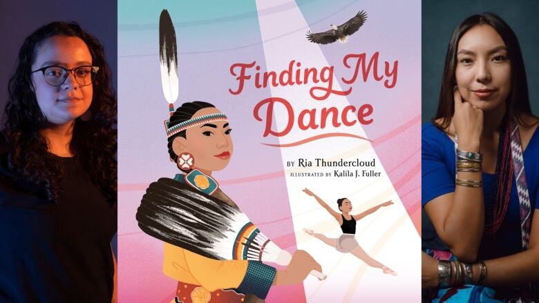 Finding My Dance, a picture book by Ria Thundercloud, illustrated by Kalila J. Fuller. The cover of the picture book shows Indigenous dancer Ria Thundercloud leaping in the air under a spotlight. 