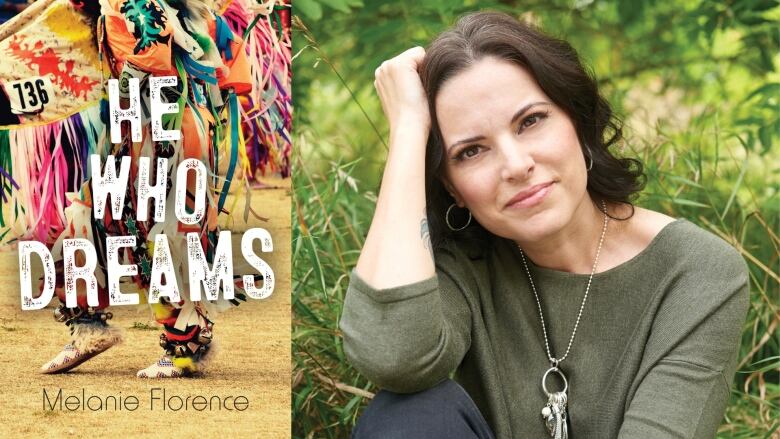 He Who Dreams, a YA book by Melanie Florence. On the left the book jacket shows an Indigenous dancer, and on the right is a composite image of the book's author looking into the camera.