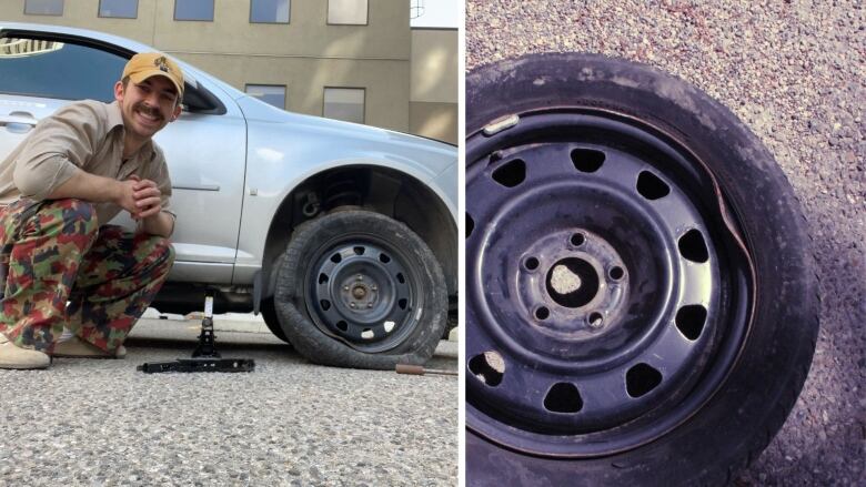 two images, side by side. one is of a tire with a dented rim, one is of a young man smiling while he changes a tire.