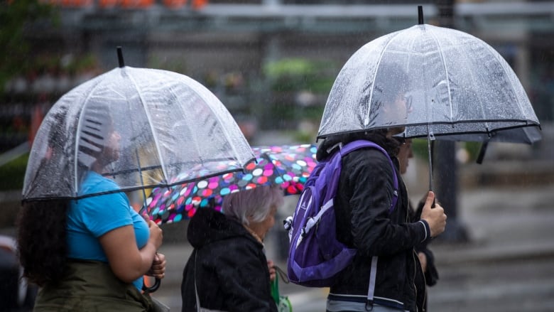 Three people carry umbrellas through a rainy city street.