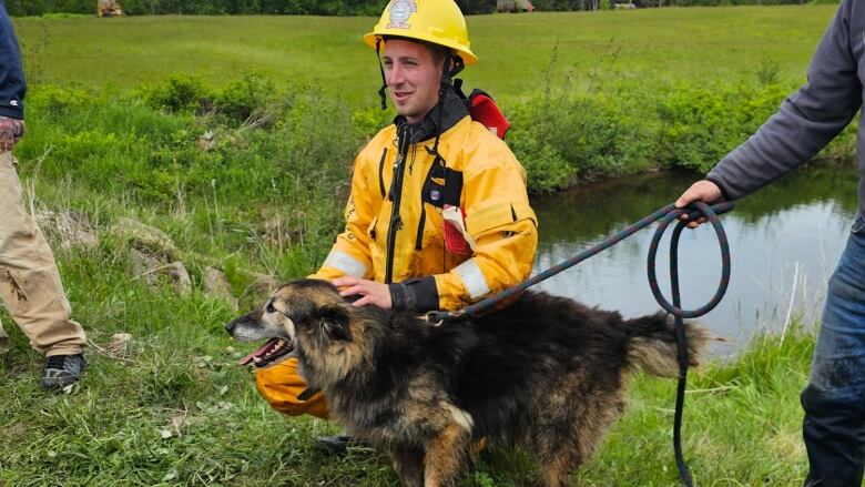 A firefighter in a yellow uniform and hat poses with a shaggy dog.