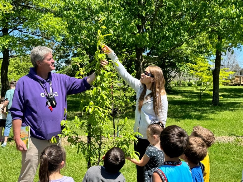 Two adults touch a small tree as children look up.