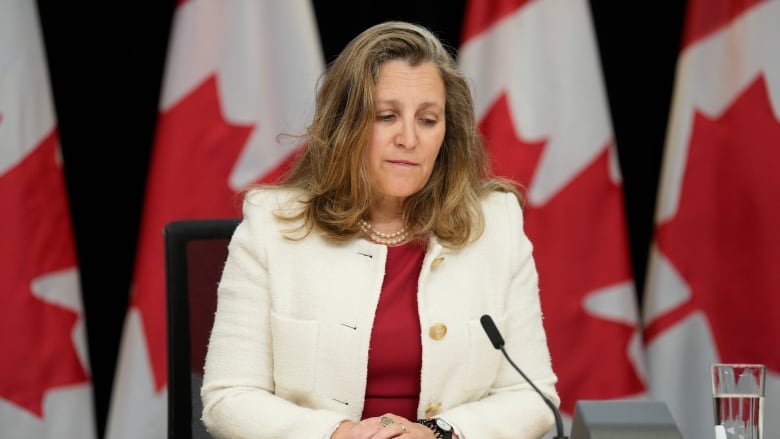 Deputy Prime Minister and Minister of Finance Chrystia Freeland pauses when asked a question about national security during a news conference, Tuesday, June 4, 2024 in Ottawa.