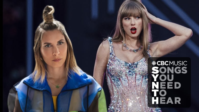 A graphic with images of Blond:ish (a white woman) in a green and blue jacket and Taylor Swift (a white woman) in a blue , white and red sequinned jumpsuit. The CBC Music logo and the words: Songs You Need to Hear, appear in the lower right hand corner. 