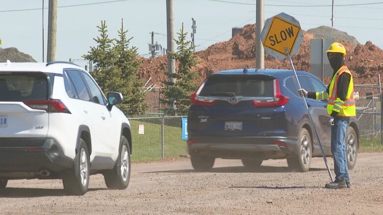 Person holding yellow sign that says SLOW.