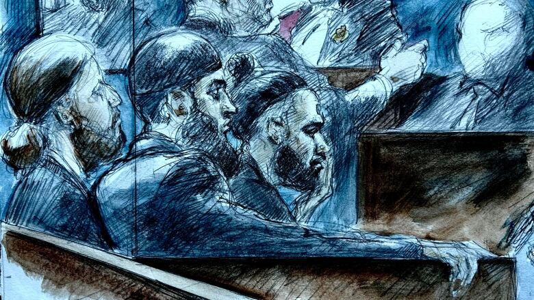 From left to right: Naqash Abbasi, Suliman Raza and Anand Nath. The three, accused in the deadly 2021 shooting at Mississauga family-owned restaurant Chicken Land, appeared at the Ontario Superior Court in Brampton, Ont., on Tuesday.