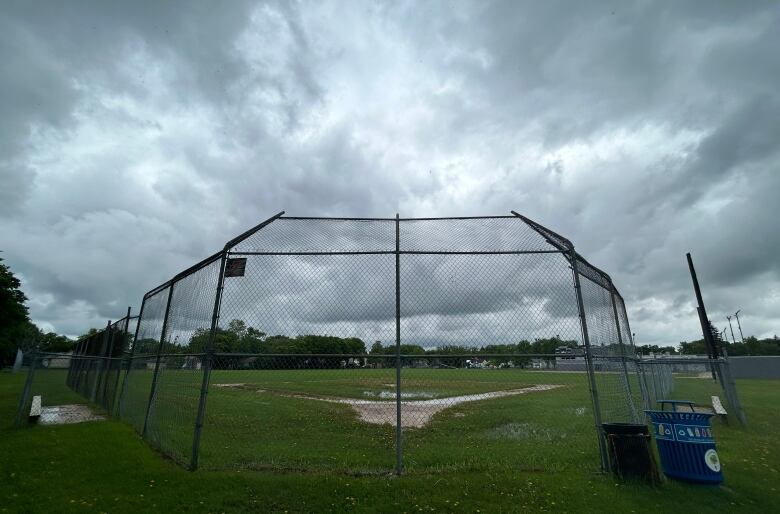 Cloudy skies frame a baseball field that is covered in puddles of rain. 