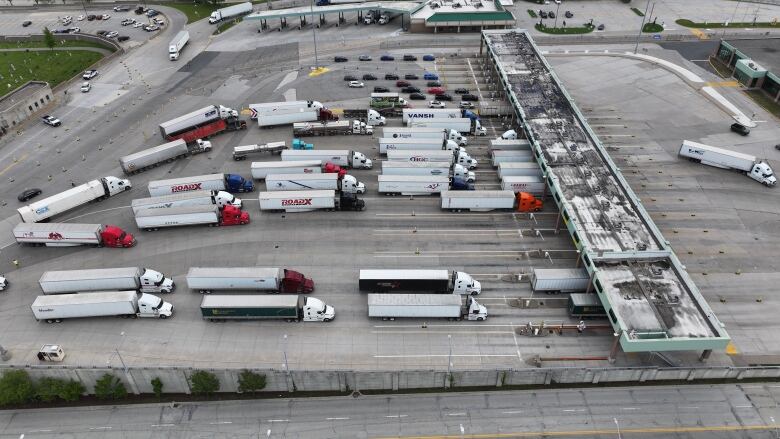 Trucks lined up at the Ambassador Bridge in Windsor, Ont.