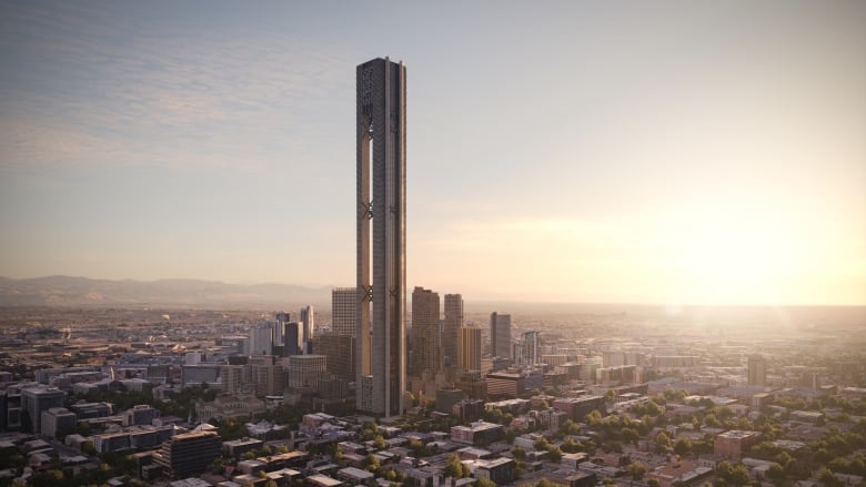 Rendering of a one-kilometre tall skyscraper in the downtown of a city, towering above over skyscrapers, from a high viewpoint some distance away.