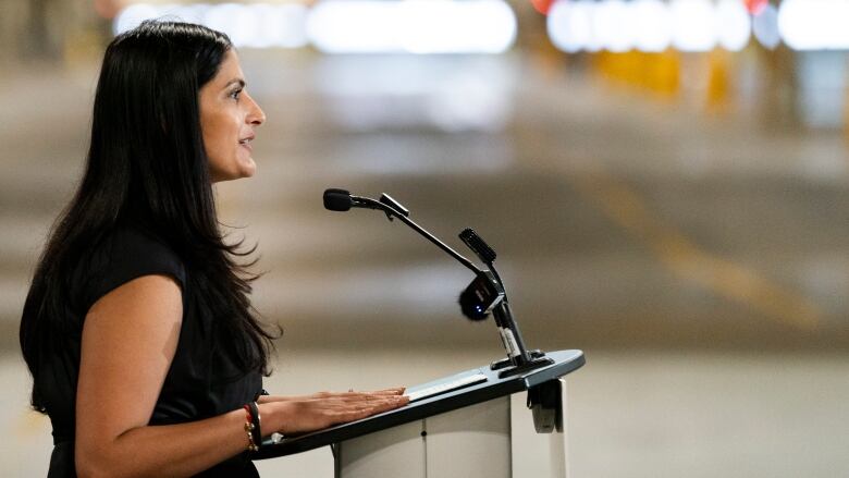 Kamal Khera, minister of Diversity, Inclusion and Persons with Disabilities, speaks during a press conference at a transit bus maintenance facility in Brampton, Ont., on Friday, June 7, 2024.