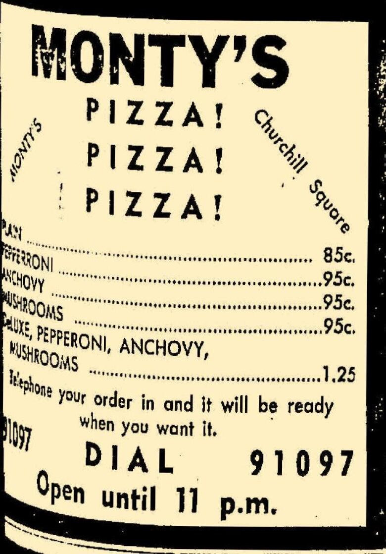 An ad that reads Monty's Pizza with a menu. 