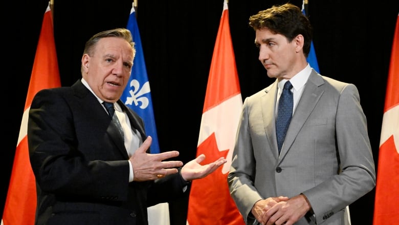 Two politicians speak in front of row of Quebec and Canadian flags.