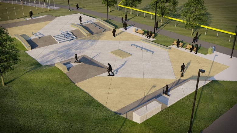 An artist rendering of the skate park shows concrete slopes and steps with rails and benches throughout.