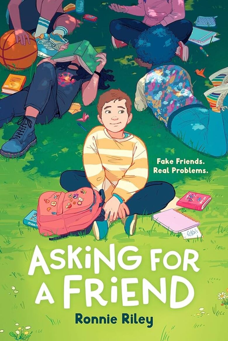 Asking for a Friend by Ronnie Riley. Illustrated book cover shows a middle-school kid sitting on the grass with their backpack and books.