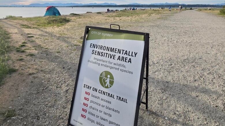 a sign in the foreground with rules for a sensitive habitat area, with people in the background disregarding the rules.