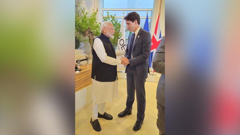 Prime Minister Justin Trudeau and Indian Prime Minister Narendra Modi meet on the sidelines of the G7 summit in Apulia, Italy on Friday, June 14, 2024.