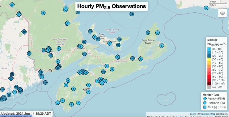 A map of existing government and low-cost sensors in the Maritimes. Researchers are planning to expand a network of low cost sensors across Nova Scotia to fill in gaps about air quality.