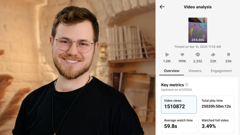 On the left, Markus Harwood-Jones wearing a black t-shirt and glasses. On the right, a screenshot of the stats for one of his TikTok videos. 