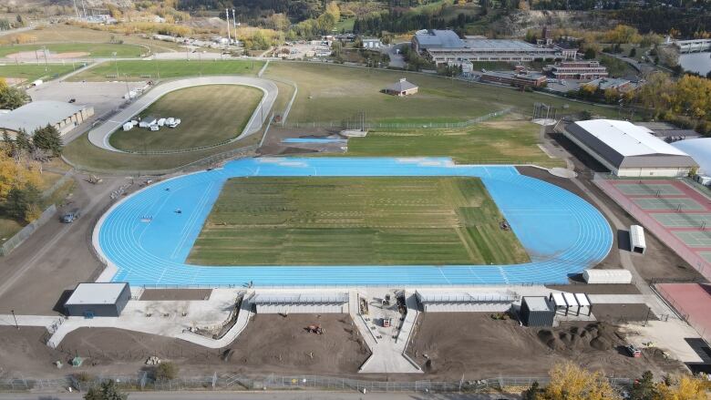 An aerial shot of a track and field facility.