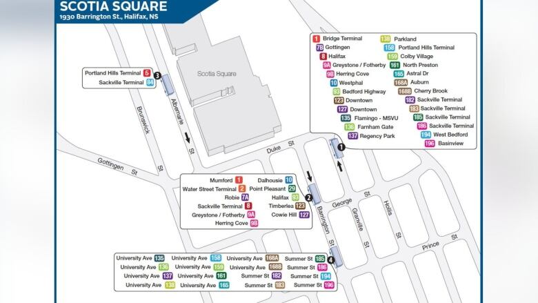 A map with four markers indicating bus hubs.