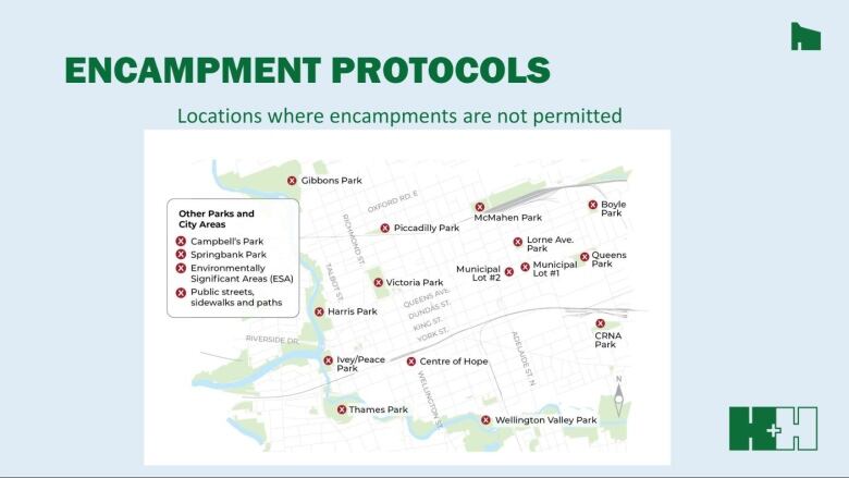 A map showing parks and other areas in London where homeless encampments aren't allowed.