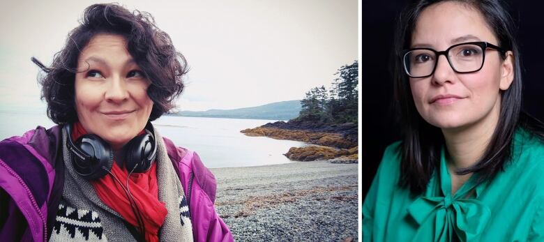 Composite image with woman on the left with headphones around her neck standing in front of water scenery, and woman on the right with dark hair and glasses wearing green top.