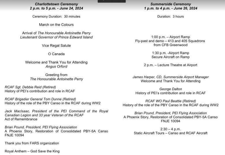 The detailed schedule for this week's events in P.E.I. tied to the 100th anniversary of the Royal Canadian Air Force.