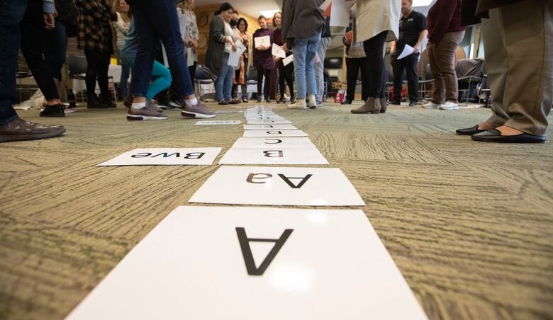 Letters of the alphabet are lined up along a carpeted floor.