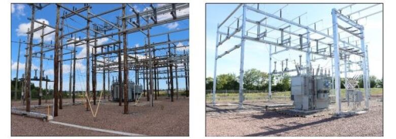 At left is a substation with traditional wooden uprights have fibreglass crossarms, which last much longer than horizontal wooden beams. At right is a substation built with structural steel members and concrete footings.