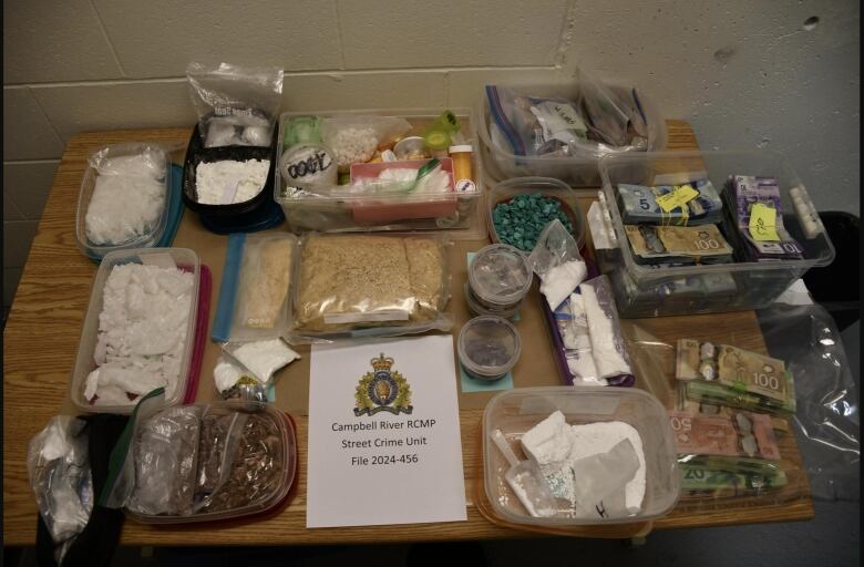 A table with white and brown substances in takeaway containers, along with stacks of money.