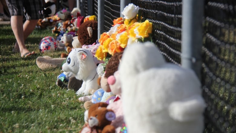 Stuffed animals along a chain link fence