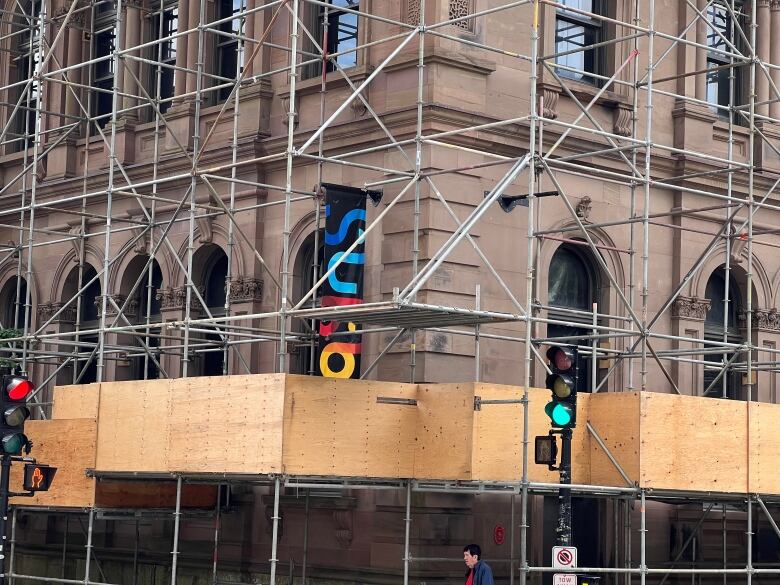 Scaffolding around a building.