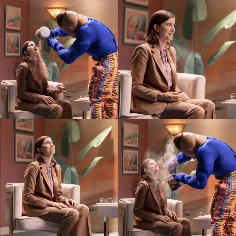 A four panel composite photo shows a grimacing woman being fed dry protein powder by a man wearing a lumpy bodybuilding costume.