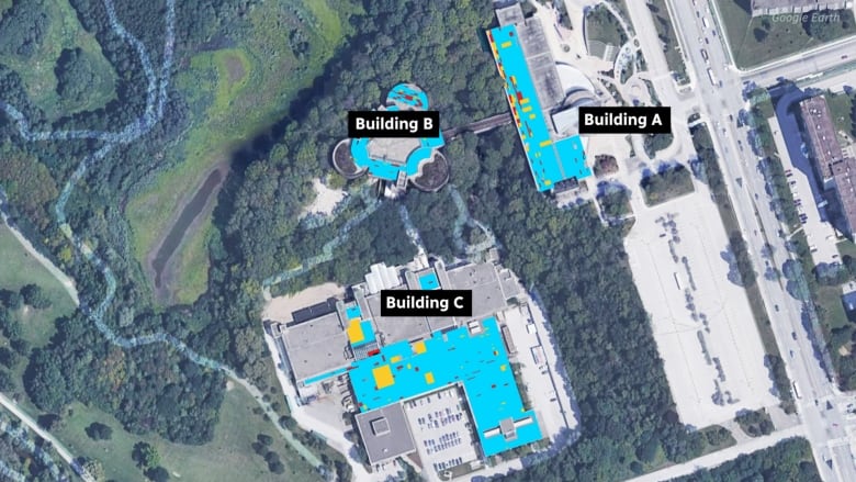 A map with colours that show what parts of the Science Centre roof panels were labelled high and critical risk of collapsing.